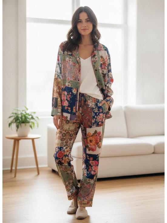 Other - Tolani Collection Patchwork Floral Pajama Set Satin Shirt & Pants Size L